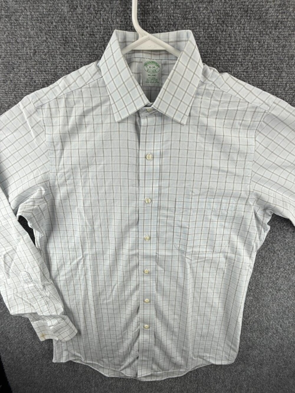 Brooks Brothers 15 34 Non-Iron Milano Check Cotton Blue Shirt Mens Pocket Office